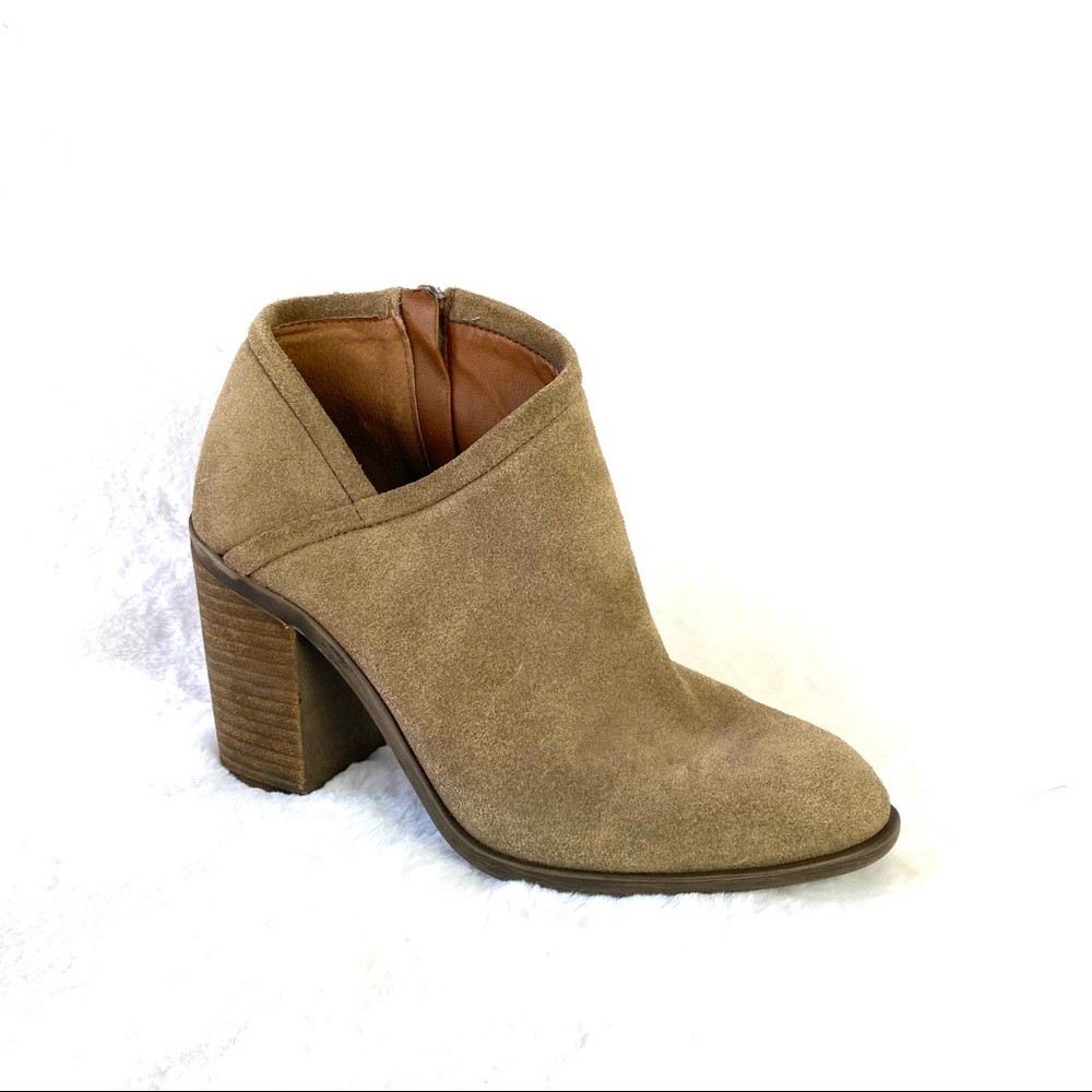 Lucky Brand Salza Brindle Suede Almond Toe Brown Gray Heeled Booties